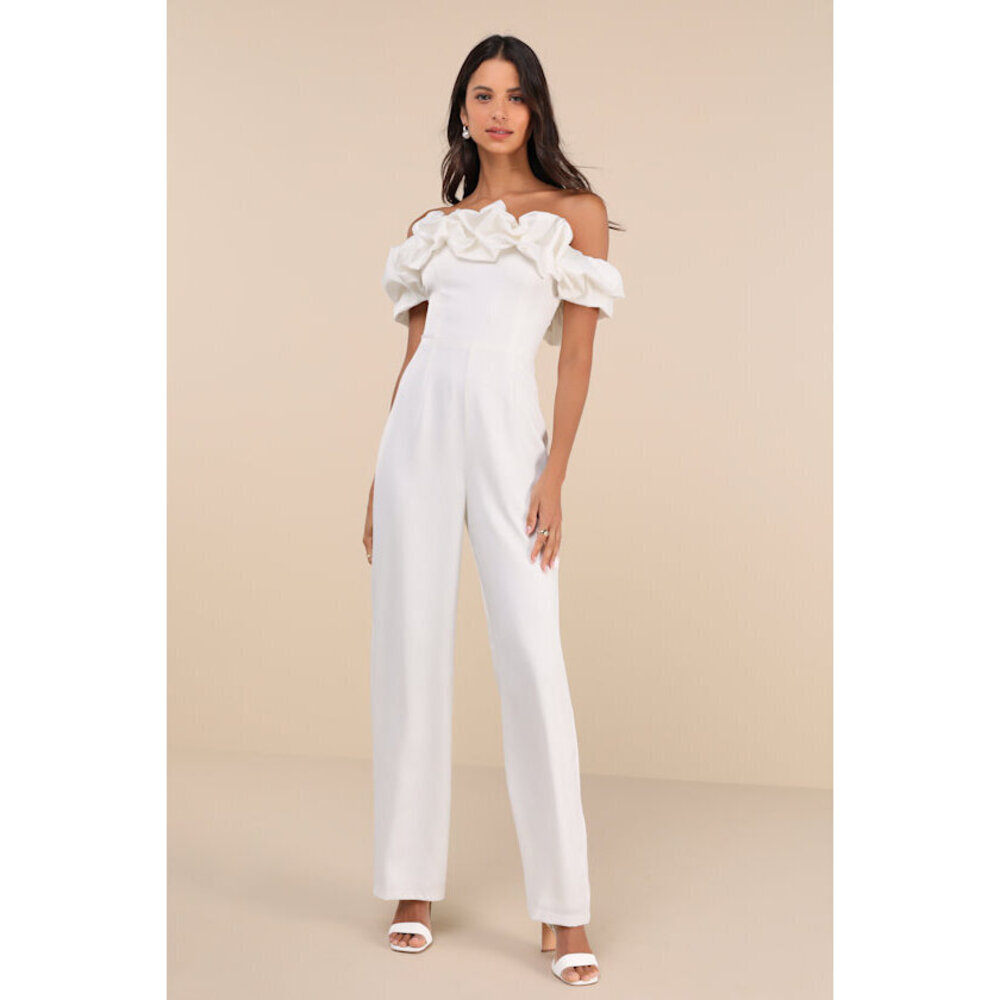 BRIDAL Lulus Immense Glamour White Satin Ruffled Off-shoulder Jumpsuit - Size L